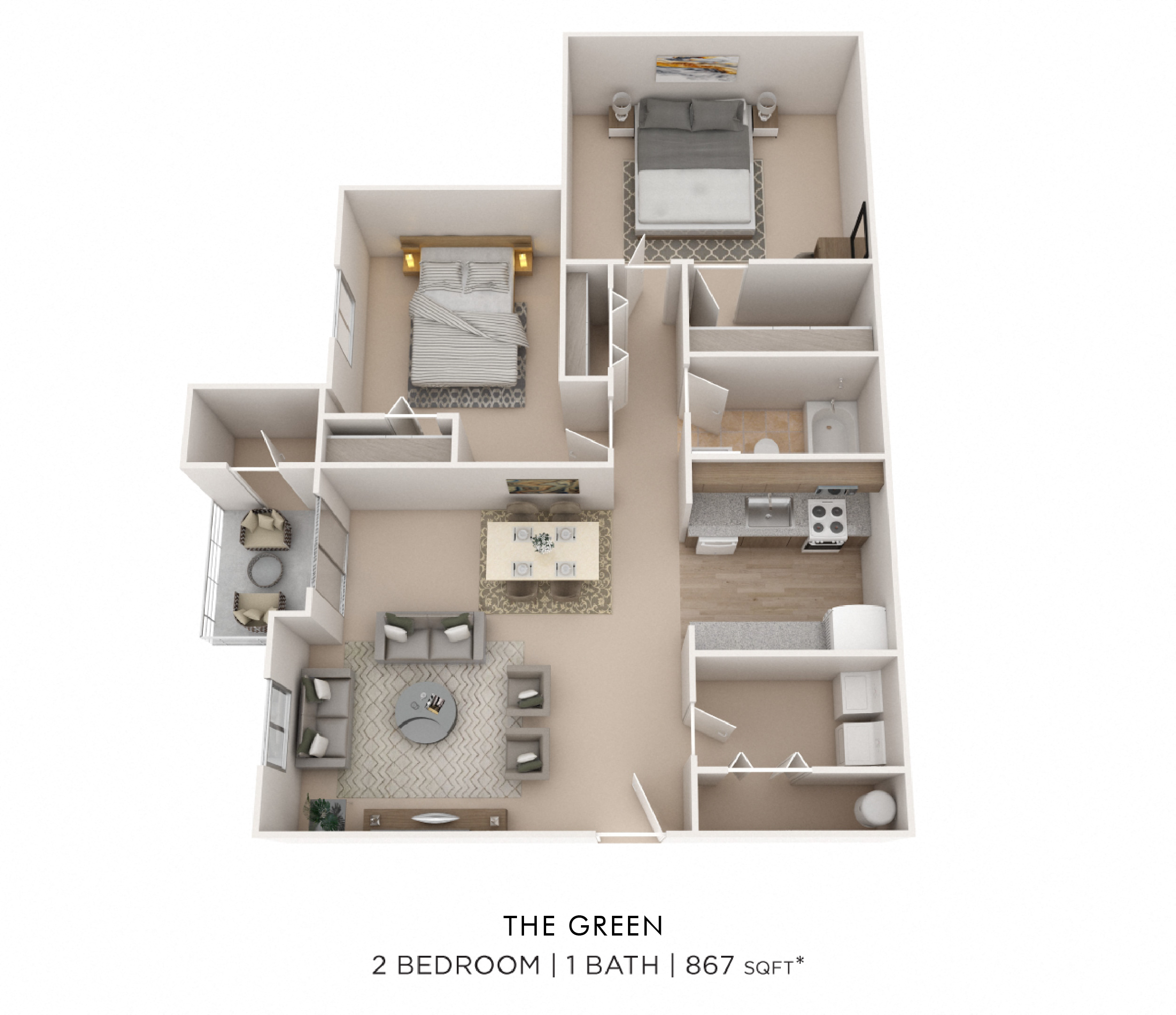 Floor plan for 2 beds, 1 bath, 867 sqft